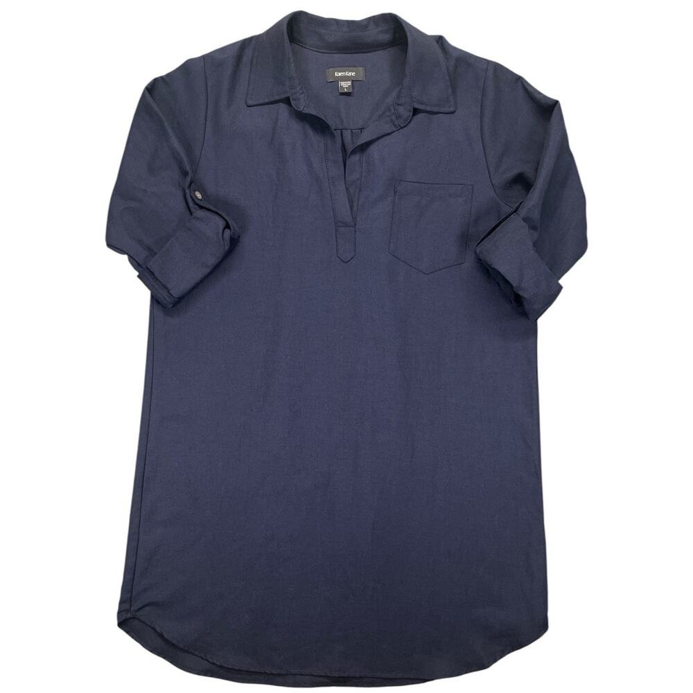 Karen Kane Roll Sleeve Shirt Dress Navy Blue %100 Linen Women’s Size Large